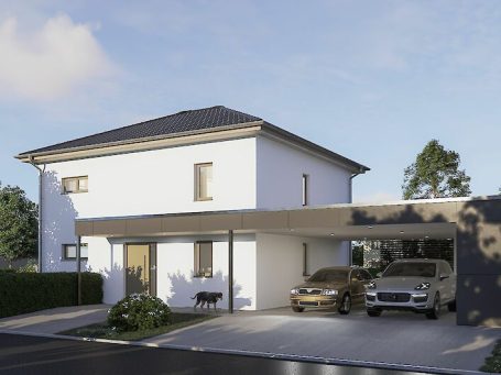 Toscana Haus Modernes zweigeschossiges Haus mit Carport und angrenzendem Garten.