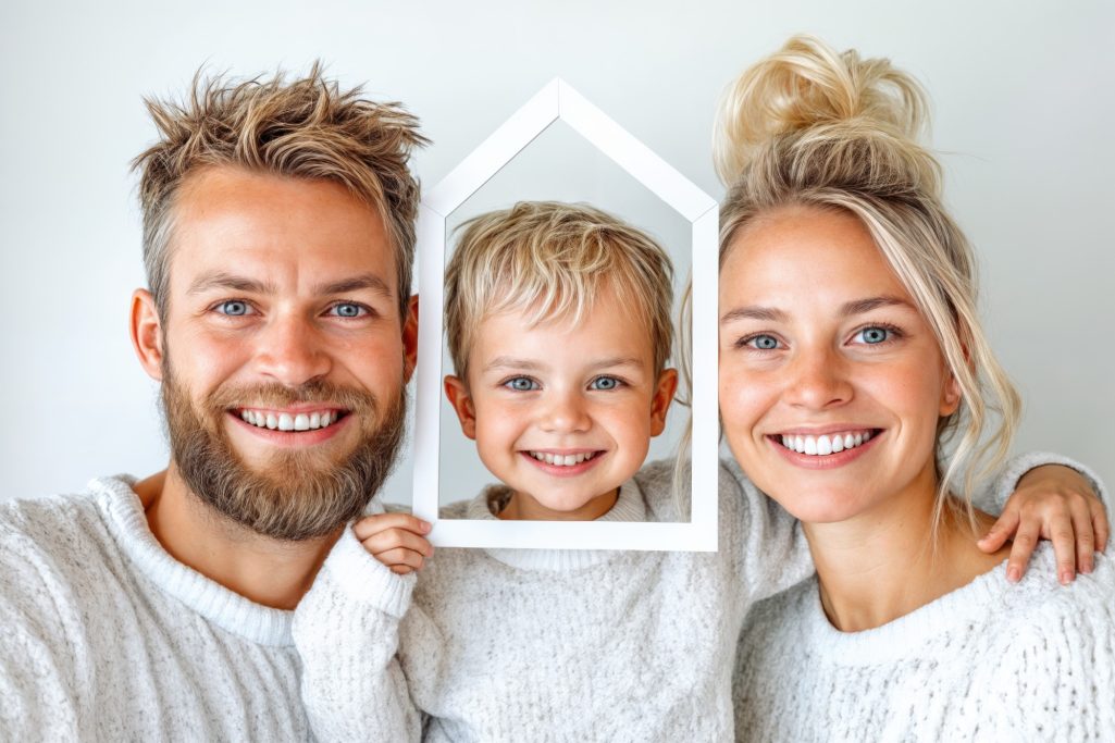 Familie Träumt vom Eigenheim Familie posiert lächelnd, während das Kind einen Rahmen in Form eines Hauses hält.