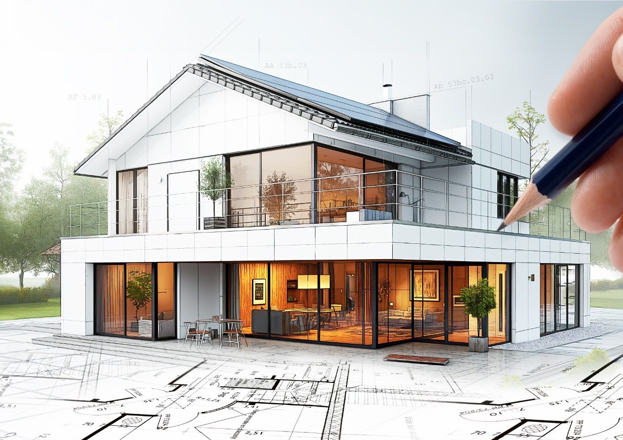 individuelle Planung Moderne Architektur eines Hauses mit großen Fenstern und einem Balkon. Entwurfsskizze im Vordergrund.