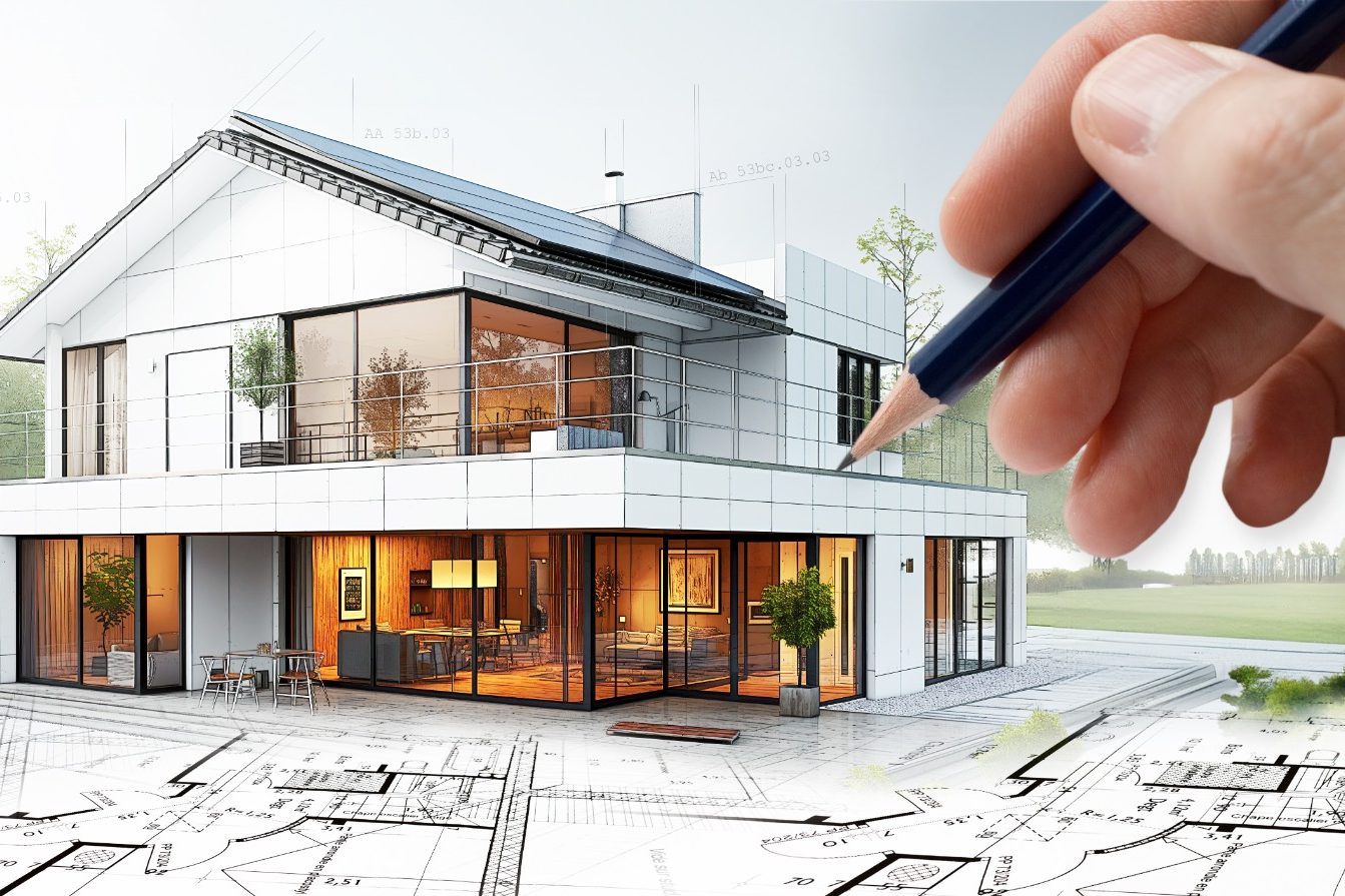 Individuelle Hausplanung Skizze eines modernen Hauses mit Gartendetails und Hand, die einen Bleistift hält.