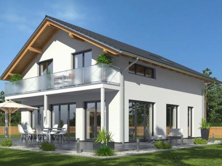 weiter zu Drevo Fertigbau Hausideen Modernes zweistöckiges Haus mit Terrasse und Garten, mit großen Fenstern und Holzdetails.