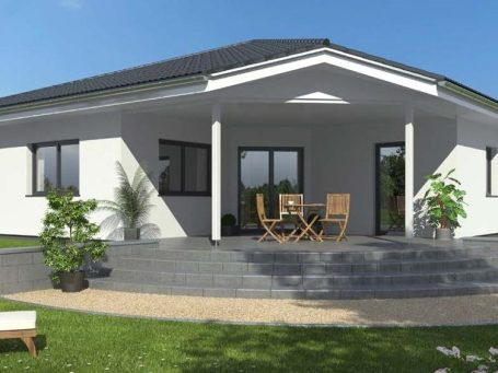 Bungalow Moderne Einfamilienhaus mit Terrasse und Garten, ausgestattet mit Pflanzen und Möbeln.