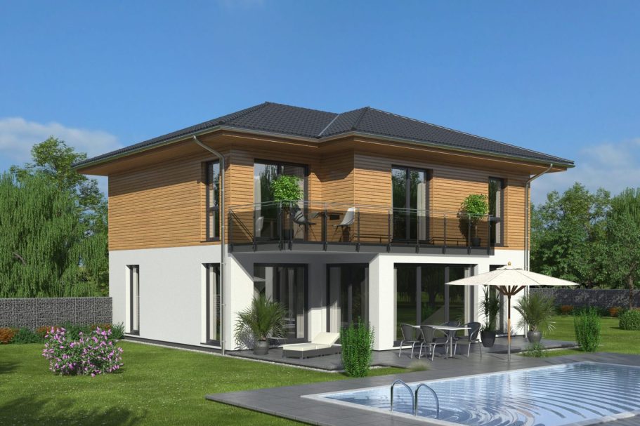 Drevo Fertighaus Modernes zweigeschossiges Haus mit Holzelementen, Balkon und Pool im Garten.