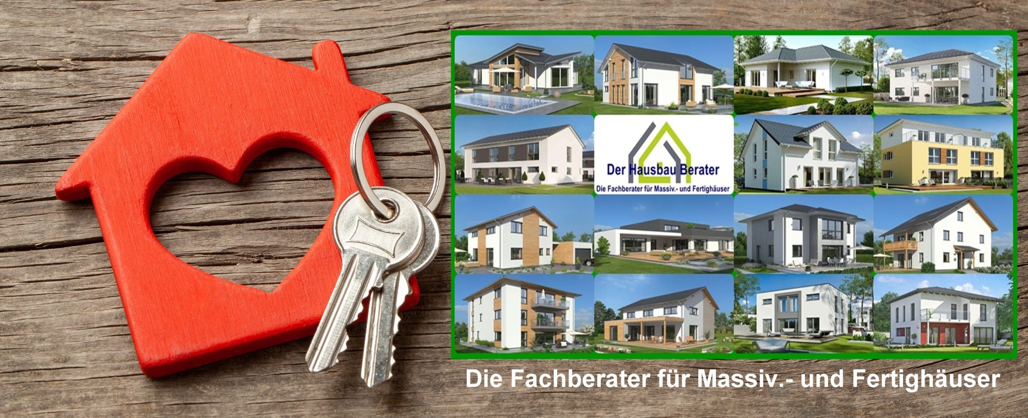 Massivhaus / Fertighaus Vertrieb - Der Hausbau Berater - Die Fachberater für Massiv.- und Fertighäuser Roter Schlüsselanhänger in Herzform neben Immobilienanzeigen.