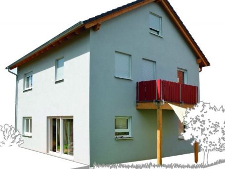 Einfamilienhaus Helles Wohnhaus mit Balkon, großen Fenstern und einfachem, modernem Design.