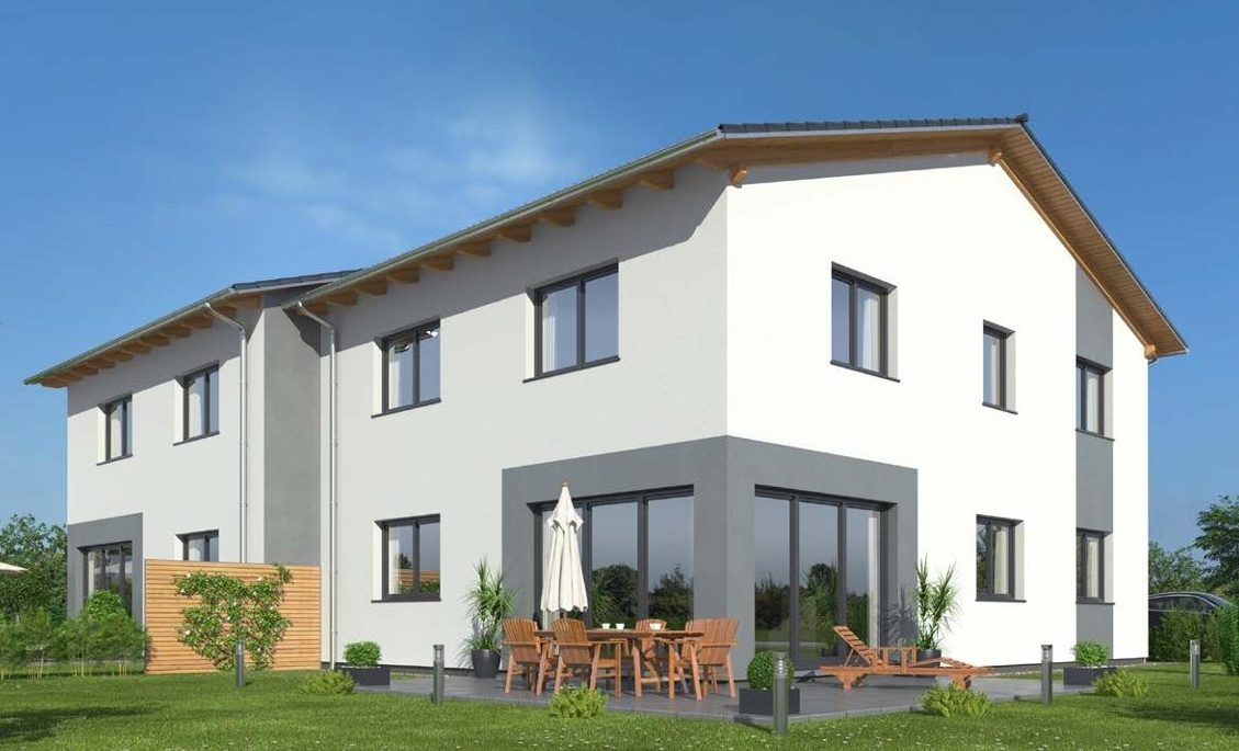 Modernes Einfamilienhaus Modernes zweigeschossiges Haus mit Terrasse und Sitzgelegenheiten im Freien.