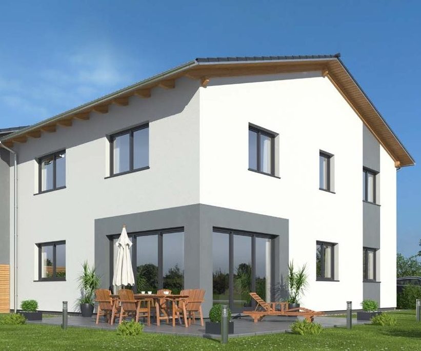Modernes Einfamilienhaus Modernes zweigeschossiges Haus mit Terrasse und Sitzgelegenheiten im Freien.