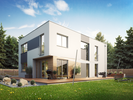 Modernes EFH Modernes, zweigeschossiges Haus mit großen Fenstern und Gartenlandschaft.