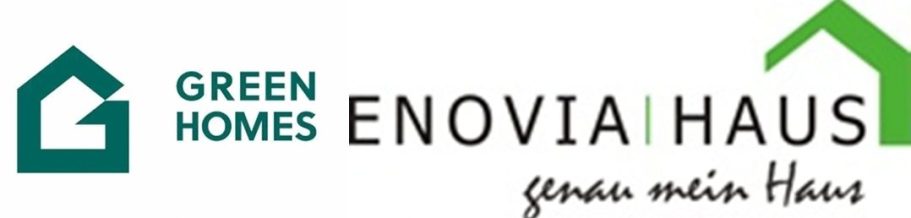 GreenHomes / Enovia Fertighaus Logo von Green Homes, Enovia Haus, mit einem grünen Dachsymbol und dem Slogan „gebaut mein Haus“.