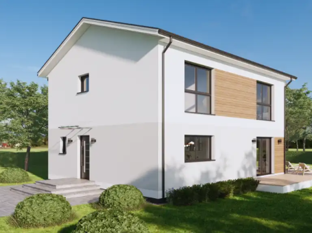 Einfamilienhaus Modernes zweistöckiges Haus mit großen Fenstern und Holzverkleidung, umgeben von Rasen.