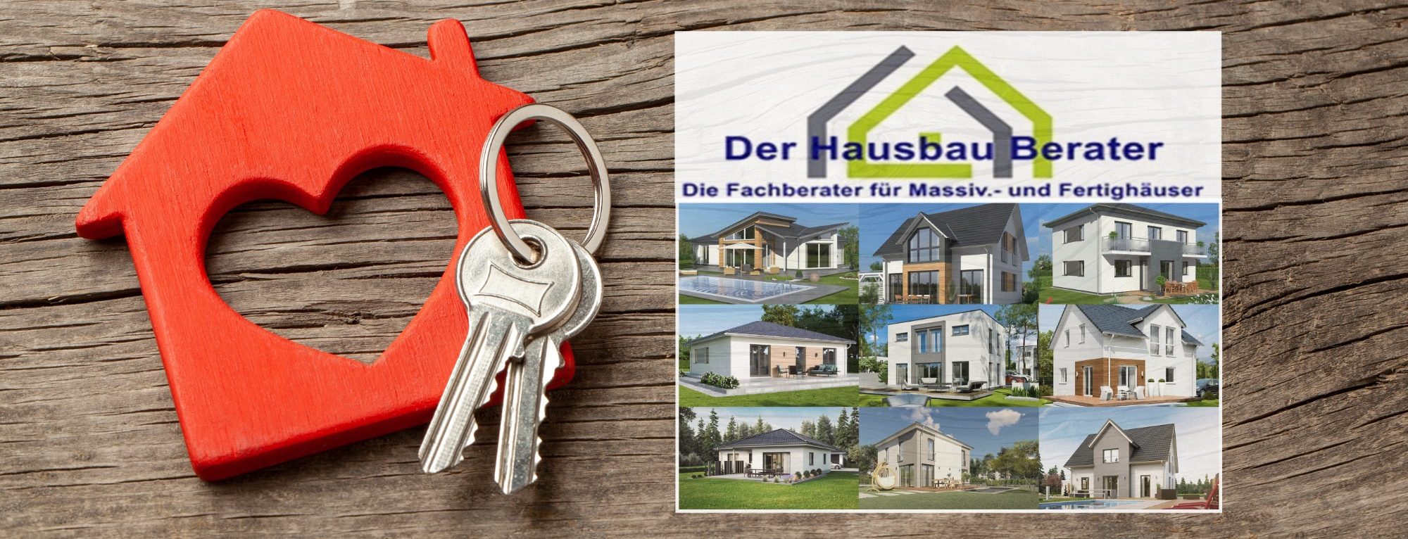 Massivhaus / Fertighaus Vertrieb - Der Hausbau Berater - Die Fachberater für Massiv.- und Fertighäuser Roter Schlüsselanhänger in Herzform neben Immobilienanzeigen.