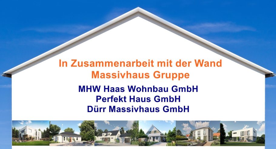 Hausbau Logo Wand mit den Logos von MWV Haas, Perfect Haus und Massivhaus Gruppe.