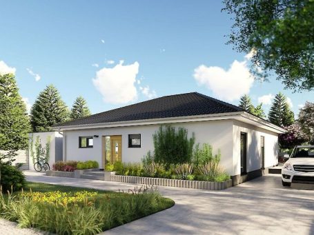 Bungalow Modernes Einfamilienhaus mit Garten und Einfahrt, umgeben von Bäumen und Grünflächen.