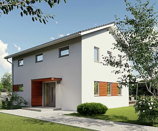 Modernes Einfamilienhaus Modernes Haus mit hellem Putz, Holzfenstern und einem gepflegten Garten.