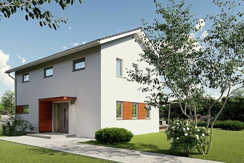 Modernes Einfamilienhaus Modernes Haus mit hellem Putz, Holzfenstern und einem gepflegten Garten.