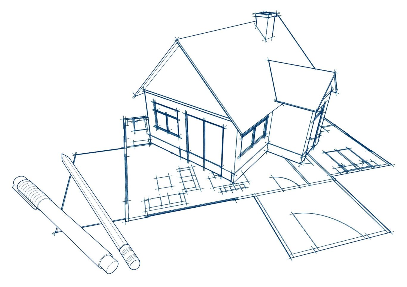 individuelle Planung Blaupause eines Hauses mit Grundriss und Bleistiften.