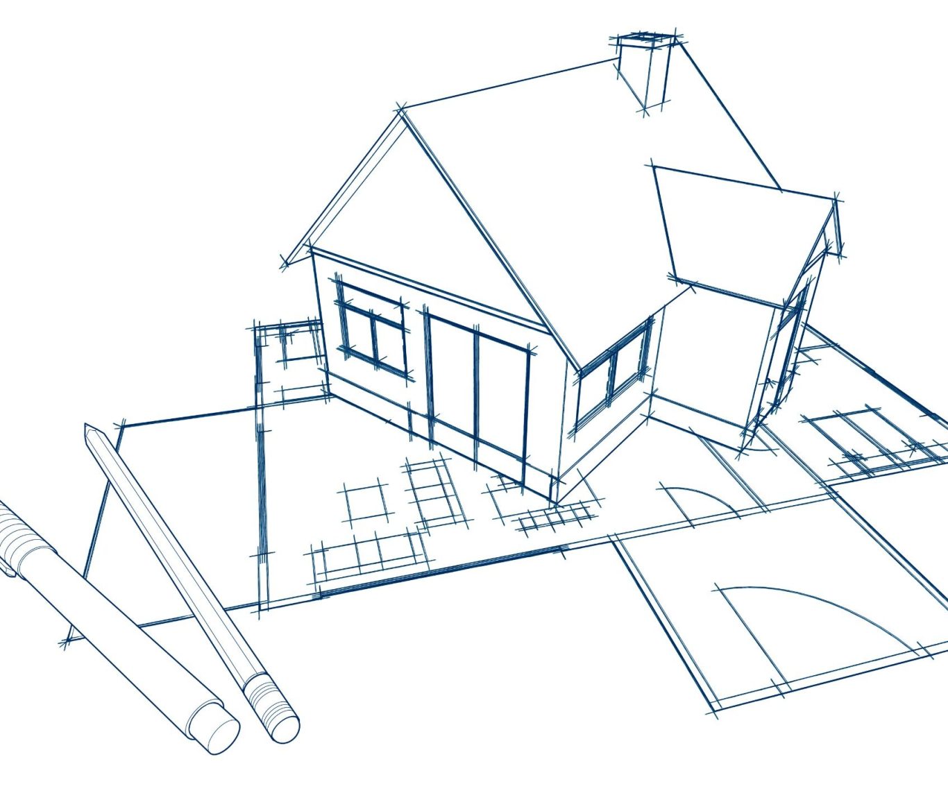 individuelle Planung Blaupause eines Hauses mit Grundriss und Bleistiften.