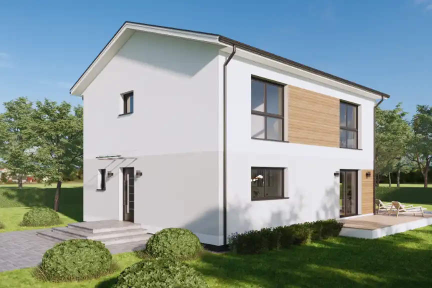GreenHomes Fertighaus Modernes zweigeschossiges Haus mit Holzverkleidung, umgeben von Grünflächen.